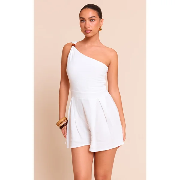 White Linen Look Bead Detail One Shoulder Romper