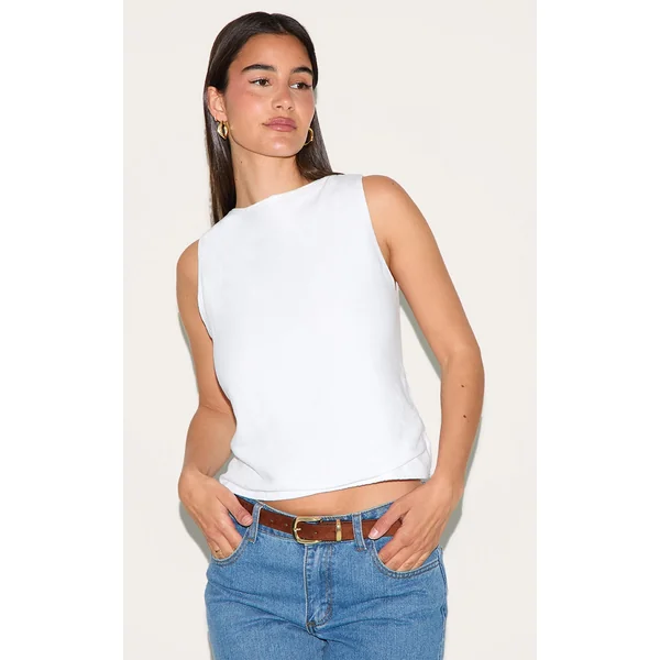 White Linen Look Boatneck Sleeveless Top