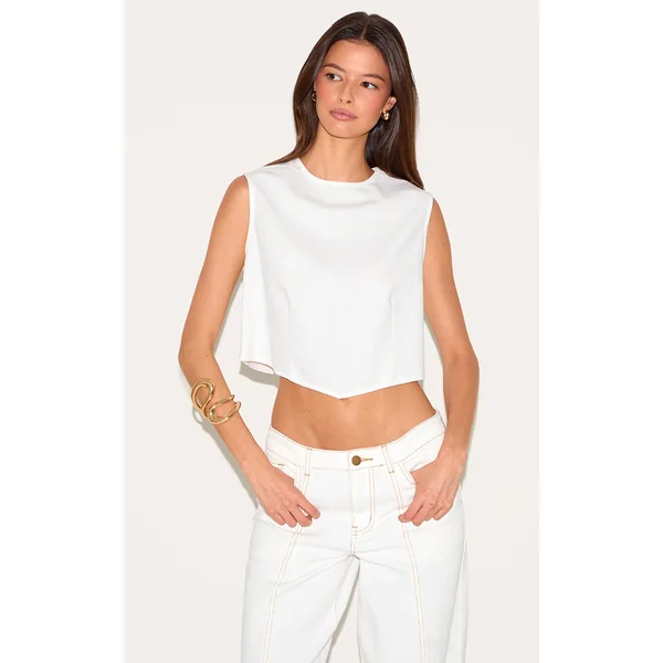 White Linen Look Boxy Pointed Hem Top