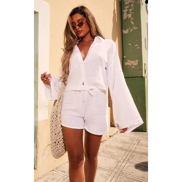 White Linen Look Button Up Shirt