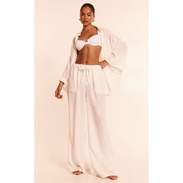 White Linen Look Drawstring Beach Pants