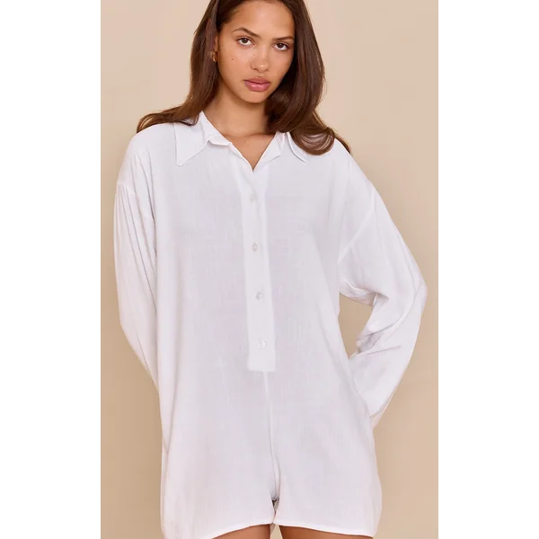 White Linen Look Floaty Shirt Detail Romper