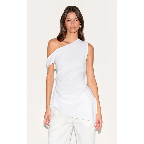 White Linen Look One Shoulder Asymmetric Top