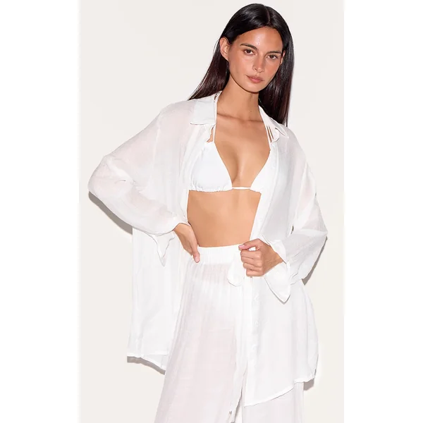 White Linen Look Oversized Beach Shirt