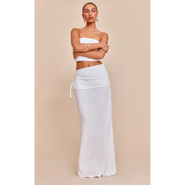 White Linen Look Ruched Waist Maxi Skirt