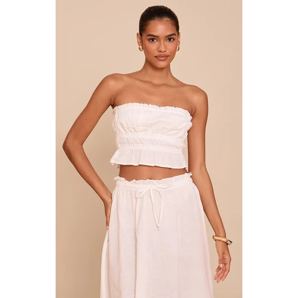 White Linen Look Shirred Bandeau Top