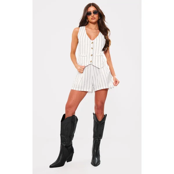 White Linen Look Striped Tailored Floaty Shorts