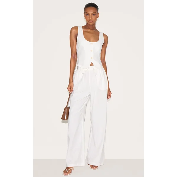 White Linen Look Tailored Draw String Wide Leg Pant
