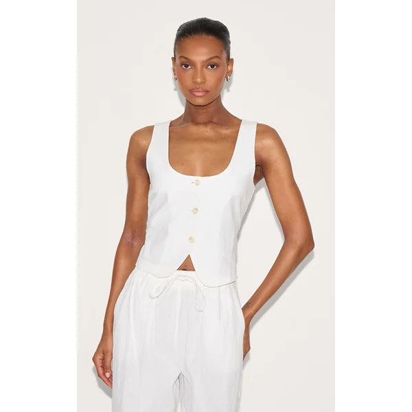 White Linen Look Tailored Scoop Neck Fitted Vest