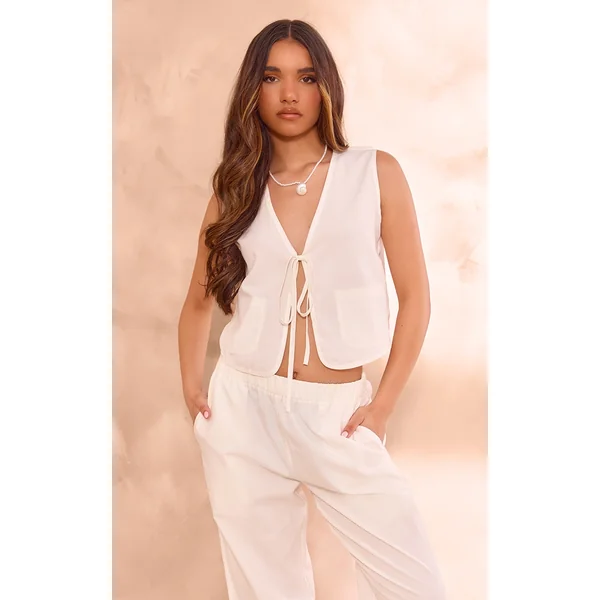 White Linen Look Tie Front Vest
