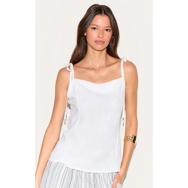 White Linen Look Tie Strap Cami Top