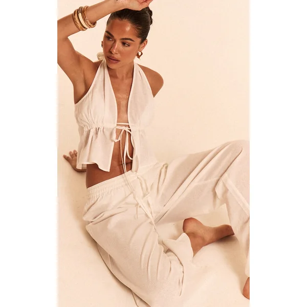 White Linen Look Wide Leg Beach Pant