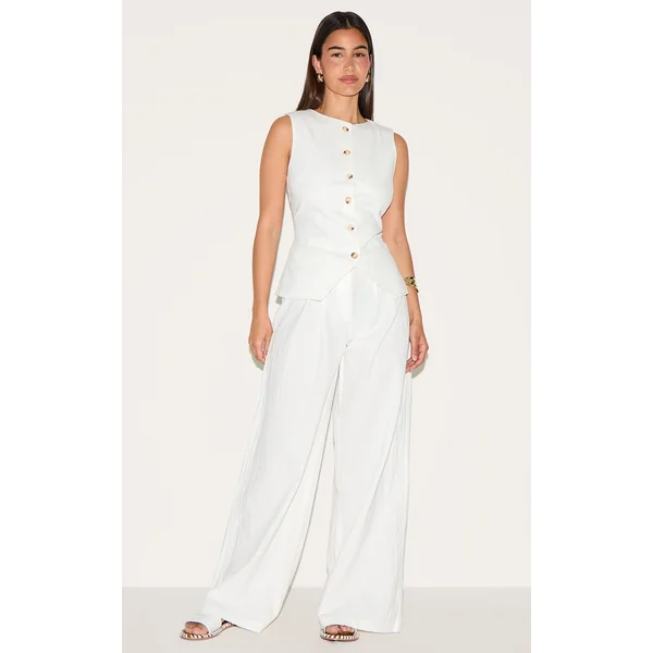 White Linen Look Wide Leg Pleated Pants