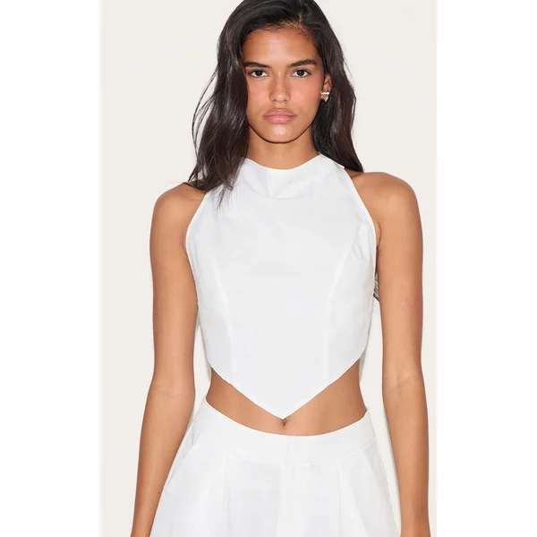 White Linen Look Woven Open Back Top