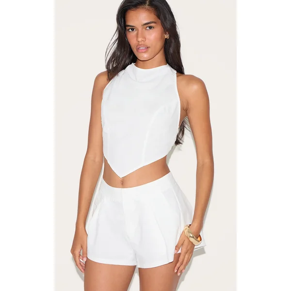 White Linen Look Woven Tailored Shorts