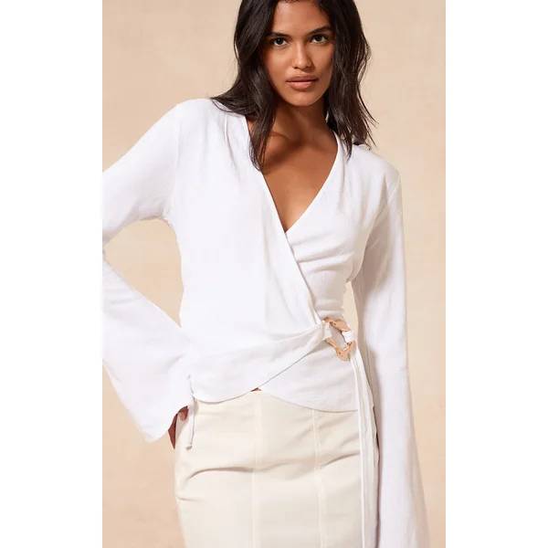 White Linen Look Wrap Trim Tie Top