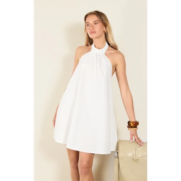 White Linen-Blend Ruched Halterneck Shift Dress