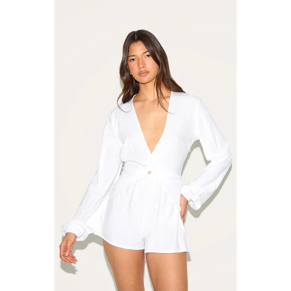 White Long Sleeve Plunge Twist Detail Romper