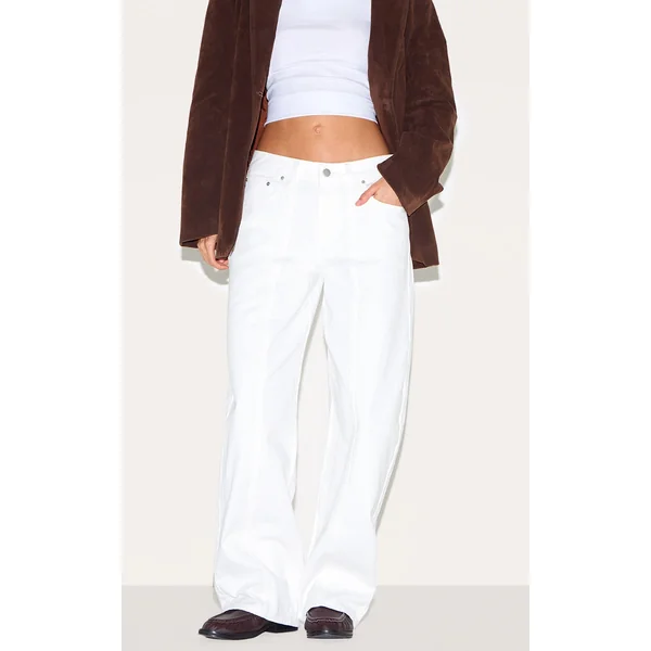 White Low Rise Seam Detail Barrel Jean