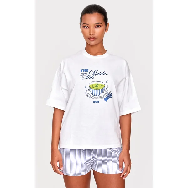 White Matcha Print Oversized Tee PJ Set