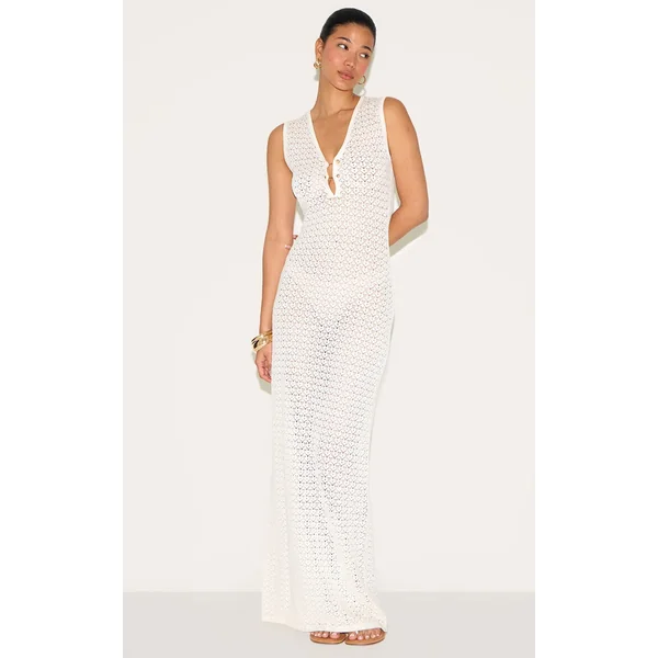 White Maxi Crochet Trim Dress