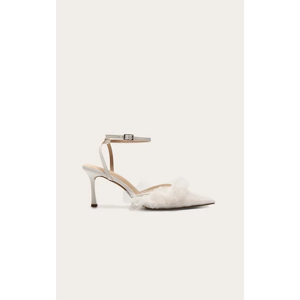 White Mesh Point Toe Ruffle Mid Heeled Courts