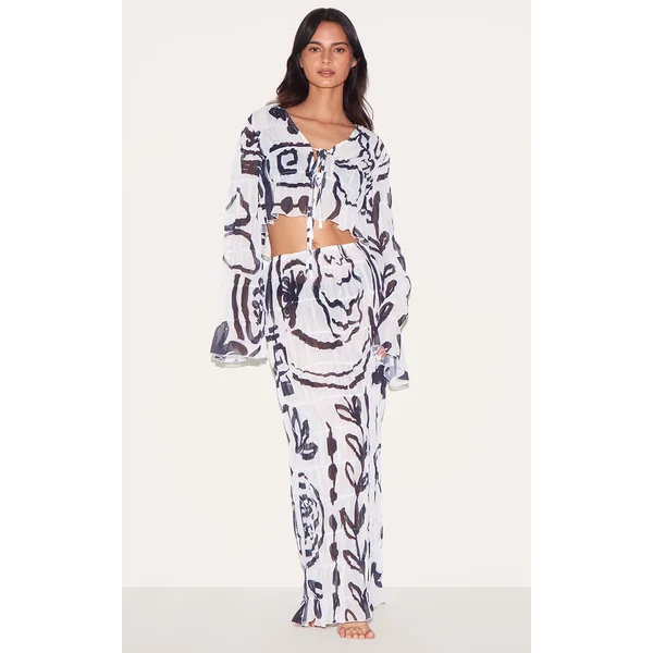 White Monochrome Chiffon Floral Maxi Beach Skirt