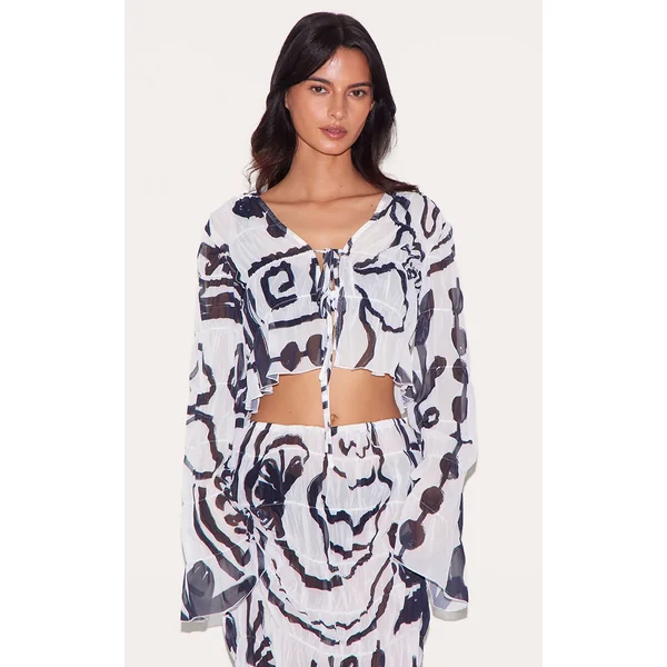 White Monochrome Chiffon Floral Tie Front Beach Top