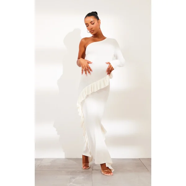 White One Sleeve Frill Edge Detail Knit Maxi Dress