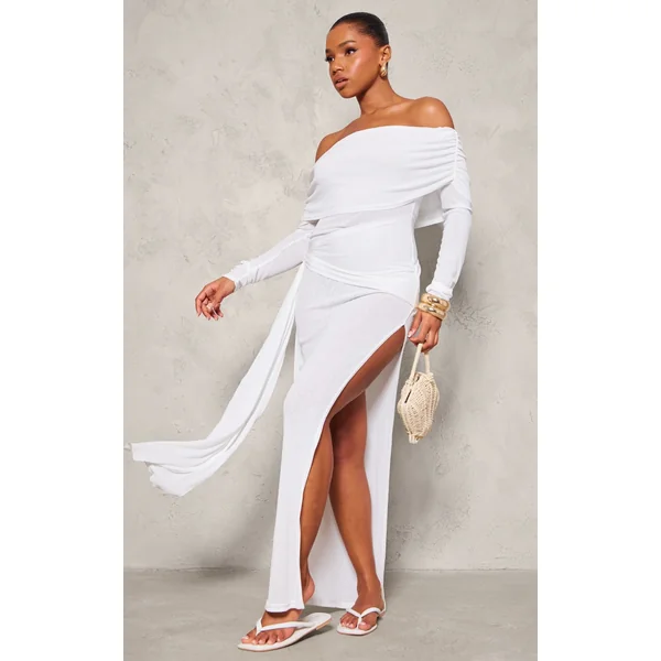 White Onion Skin Bardot Tie Waist Maxi Dress