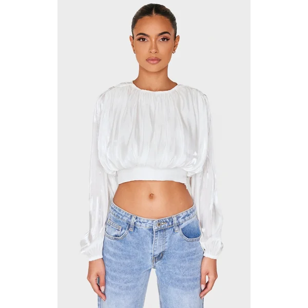 White Organza Pleated Long Sleeve Blouse