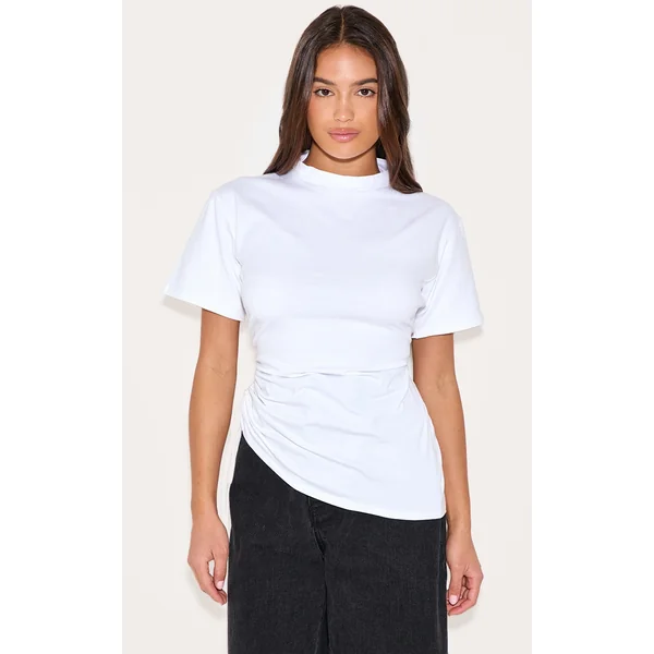 White Oversized Ruched Side Detail T Shirt