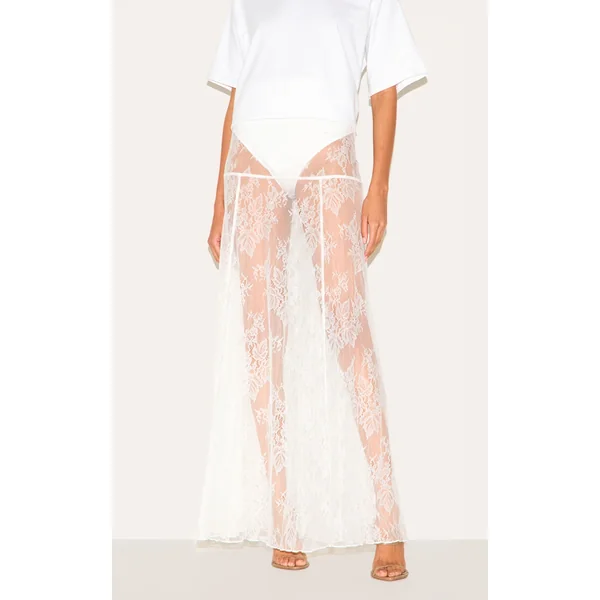 White Panties Insert Floral Lace Sheer Maxi Skirt