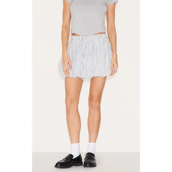 White Pinstripe Cotton Puffball Mini Skirt