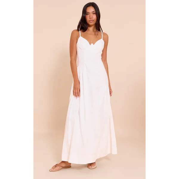 White Plunge Asymmetric Detail Maxi Dress
