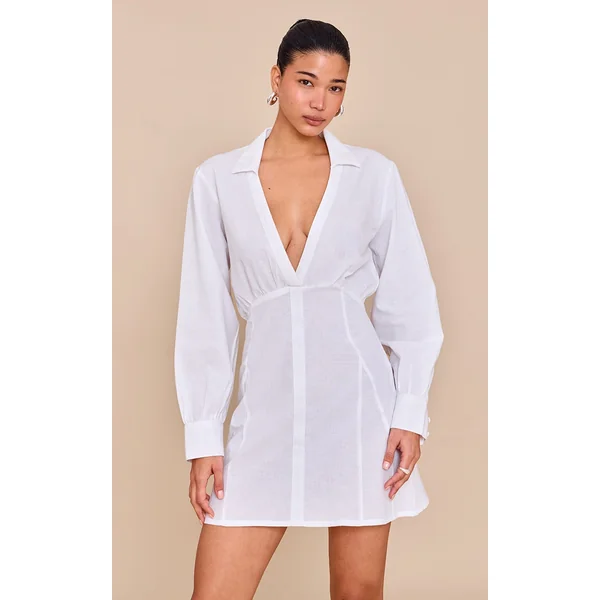 White Plunge Shirt Dress
