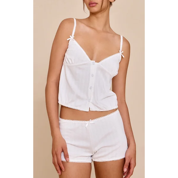 White Pointelle Bow Detail Cami Short Pj Set