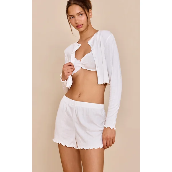 White Pointelle Frill 3 Piece Short Pj Set