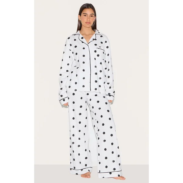 White Polka Dot Jersey Piping Detail Long PJ Set