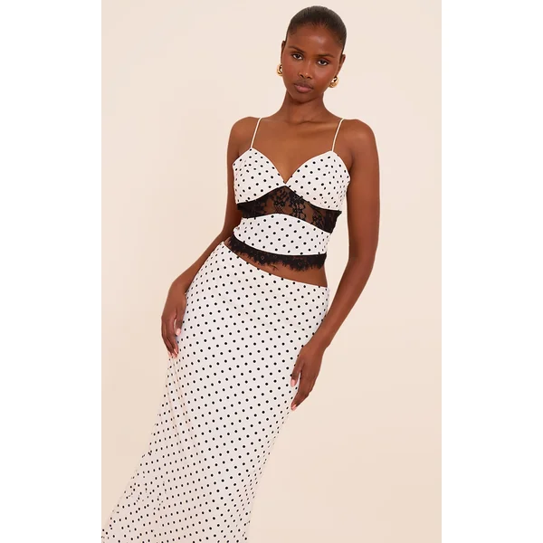 White Polka Dot Lace Detail Cami Top