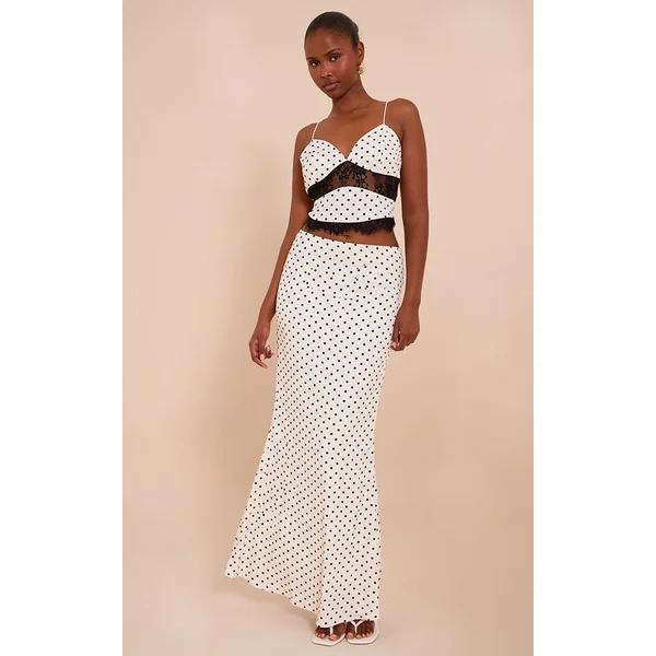 White Polka Dot Mid Rise Fishtail Maxi Skirt