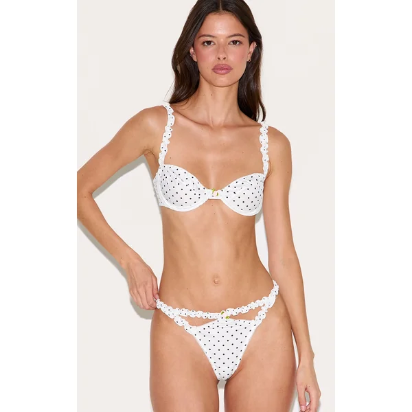 White Polka Dot Ribbed Frill Underwired Lingerie Set