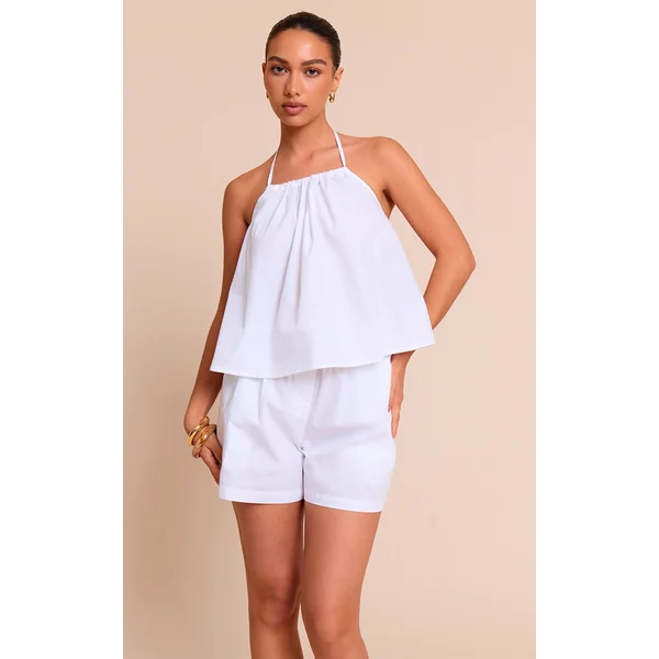 White Poplin Low Back Halterneck Top