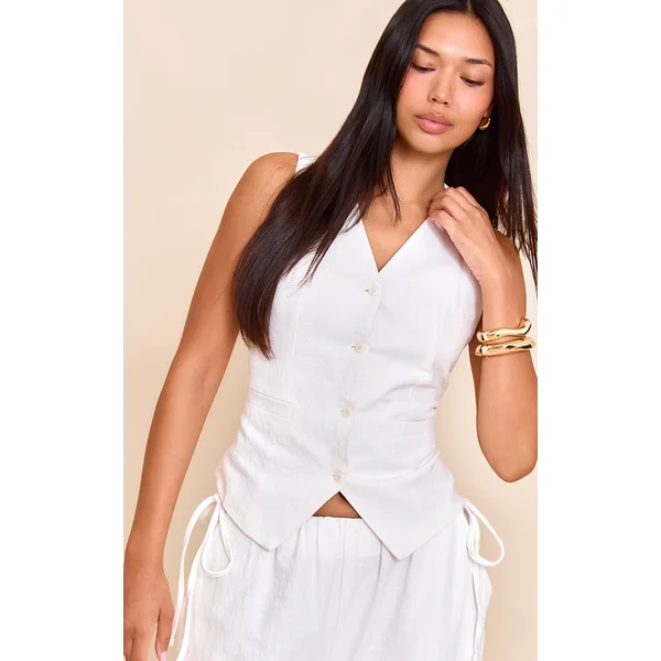 White Premium Linen Blend V Neck Vest