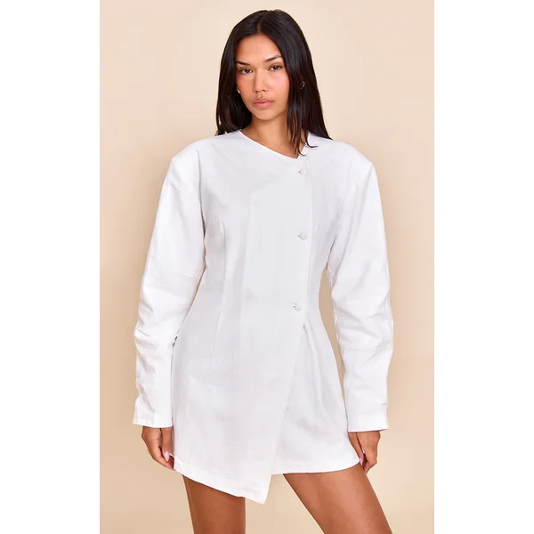 White Premium Linen Cinched Waist Cocoon Sleeve Mini Dress