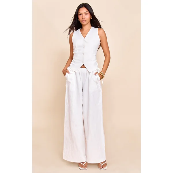 White Premium Linen Side Tie Detail Wide Leg Pants
