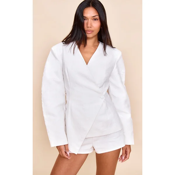 White Premium Linen Tailored Cocoon Sleeve Cinched Blazer