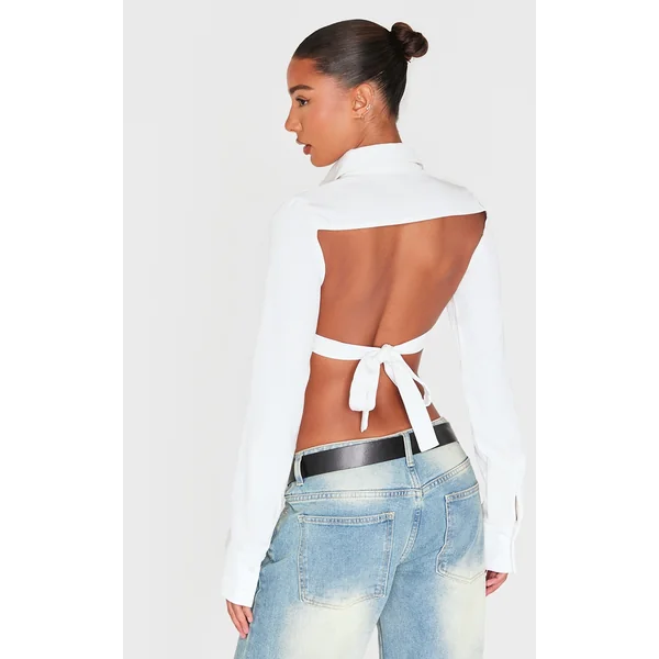 White Premium Woven Tie Backless Cropped Shirt