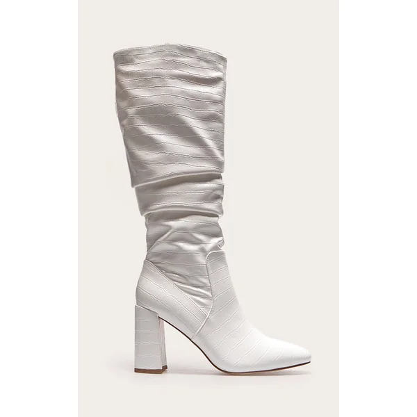White Pu Croc Round Toe Ruched Knee High Block Heeled Boots