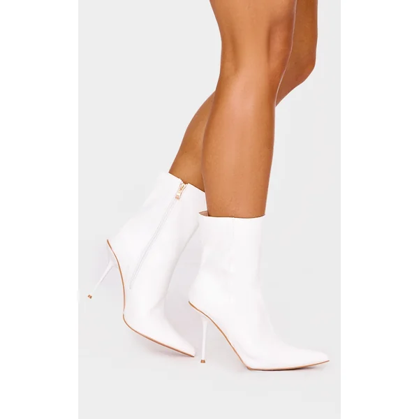 White Pu Point Toe Mid Heeled Ankle Boots